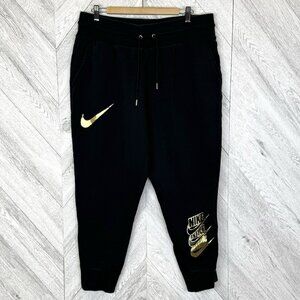Nike Jogger Sweatpants Womens Plus Size 1X Black Gold Logo Fleece Activewear